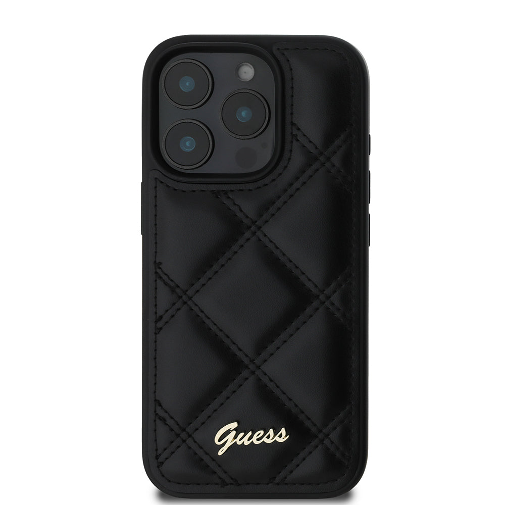 iPhone 16 Pro Max Kılıf Guess Orijinal Lisanslı PU Deri Metal Yazı Logolu Kapitone Kılıf