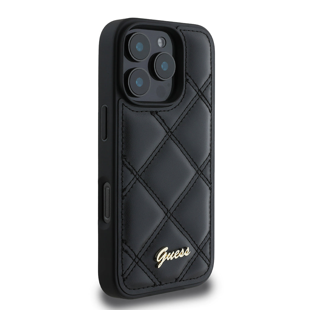 iPhone 16 Pro Max Kılıf Guess Orijinal Lisanslı PU Deri Metal Yazı Logolu Kapitone Kılıf