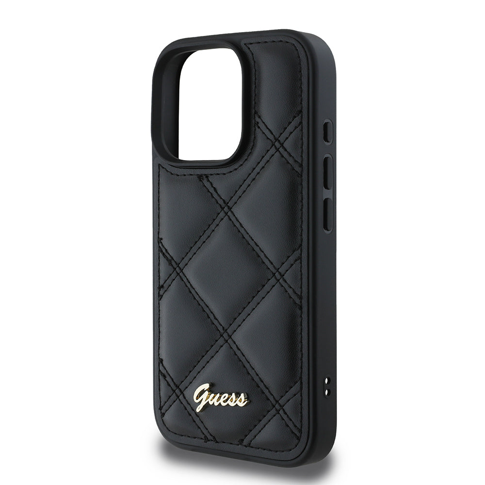 iPhone 16 Pro Max Kılıf Guess Orijinal Lisanslı PU Deri Metal Yazı Logolu Kapitone Kılıf