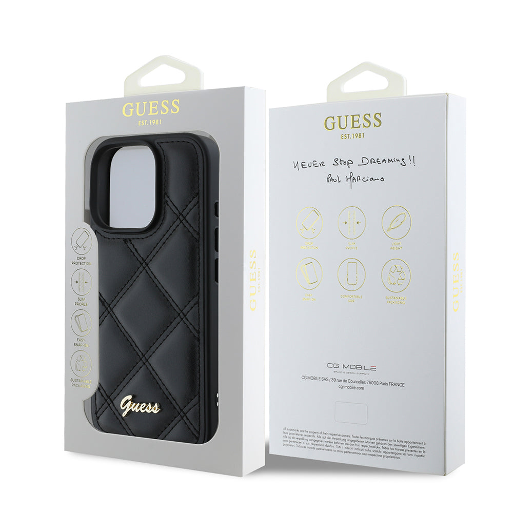 iPhone 16 Pro Max Kılıf Guess Orijinal Lisanslı PU Deri Metal Yazı Logolu Kapitone Kılıf