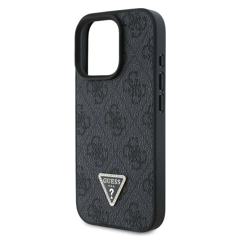 iPhone 16 Pro Max Kılıf Guess Orijinal Lisanslı PU Deri Taşlı Metal Üçgen Logolu Çapraz Vücut Askılı 4G Desenli Kılıf