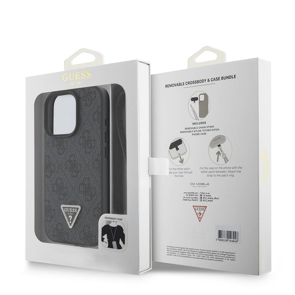 iPhone 16 Pro Max Kılıf Guess Orijinal Lisanslı PU Deri Taşlı Metal Üçgen Logolu Çapraz Vücut Askılı 4G Desenli Kılıf