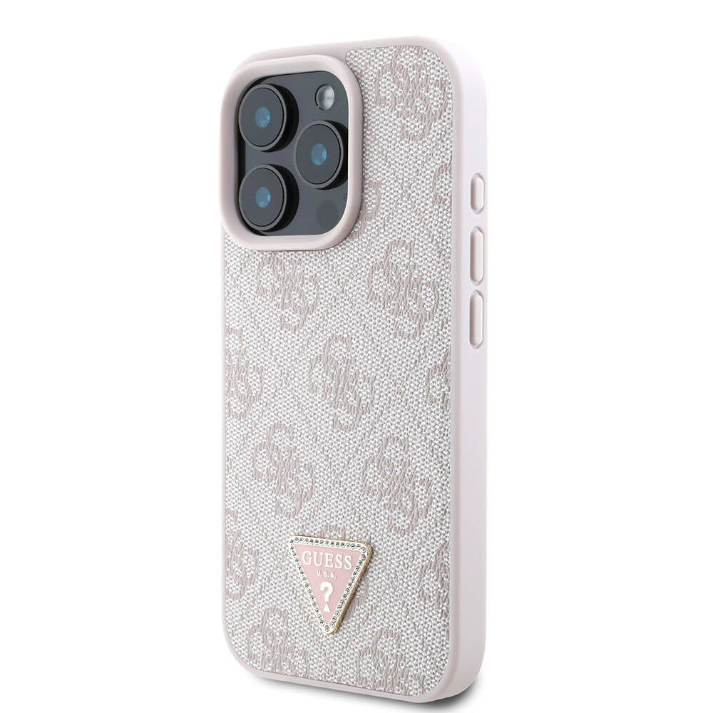 iPhone 16 Pro Max Kılıf Guess Orijinal Lisanslı PU Deri Taşlı Metal Üçgen Logolu Çapraz Vücut Askılı 4G Desenli Kılıf