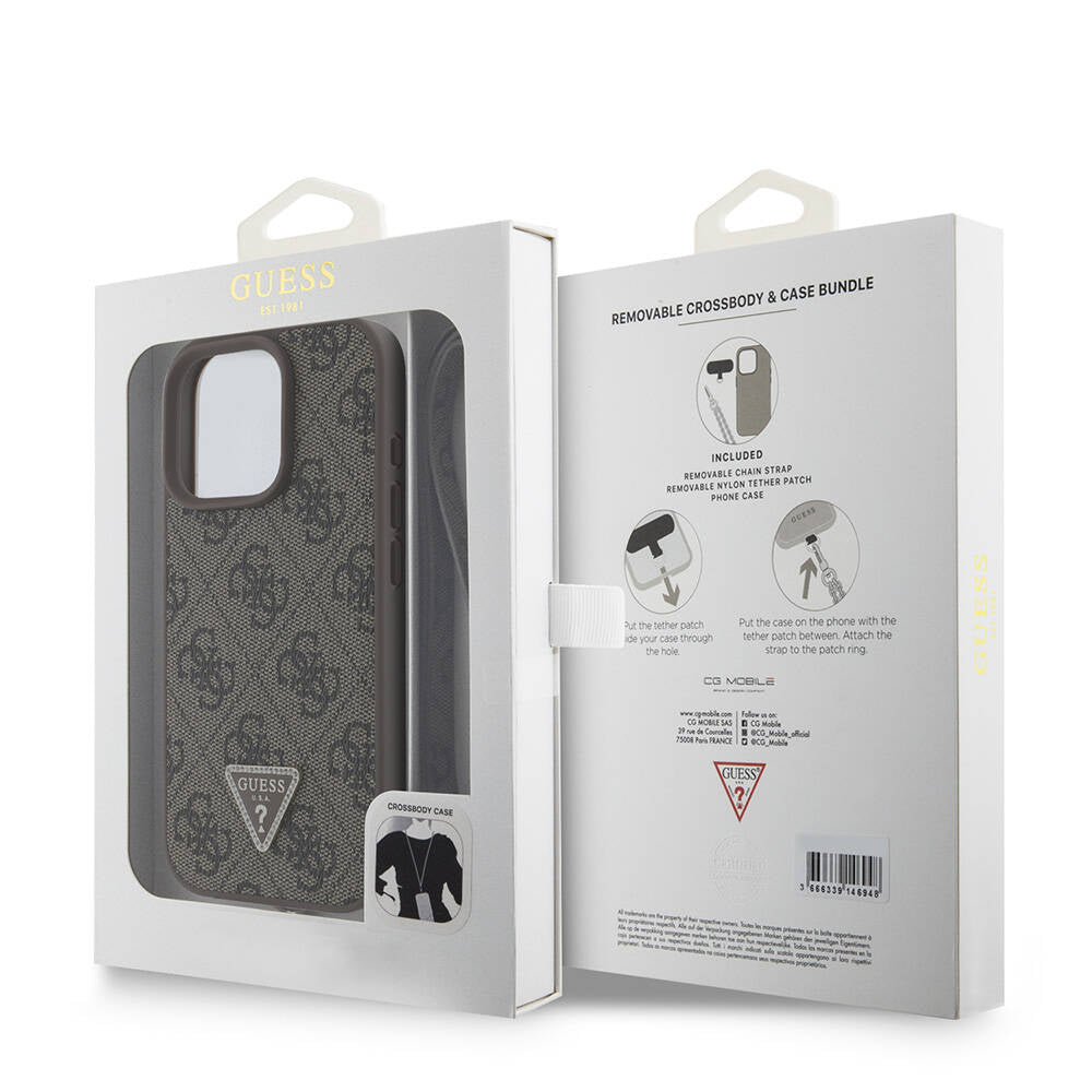 iPhone 16 Pro Max Kılıf Guess Orijinal Lisanslı PU Deri Taşlı Metal Üçgen Logolu Çapraz Vücut Askılı 4G Desenli Kılıf