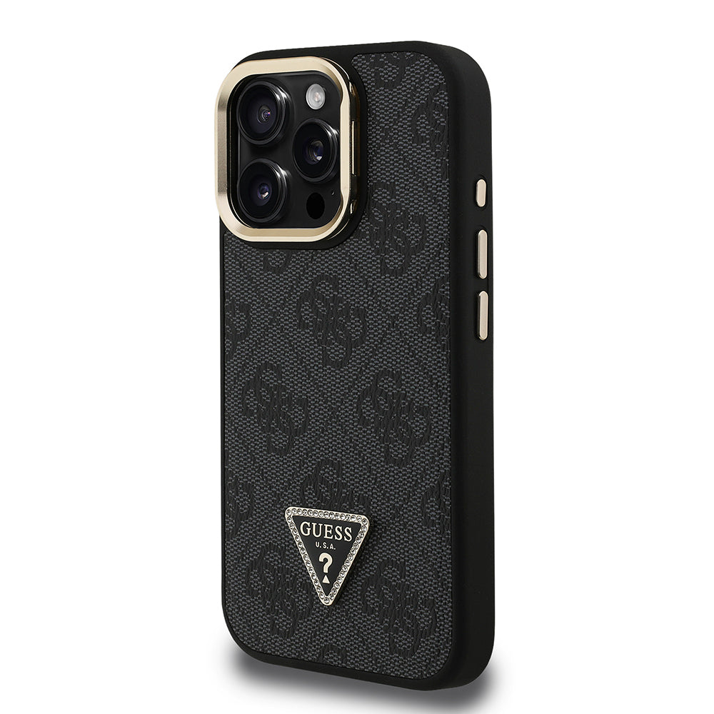 iPhone 16 Pro Max Kılıf Guess Orijinal Lisanslı PU Deri Taşlı Üçgen Logo 4G Desenli Kamera Standlı Kılıf