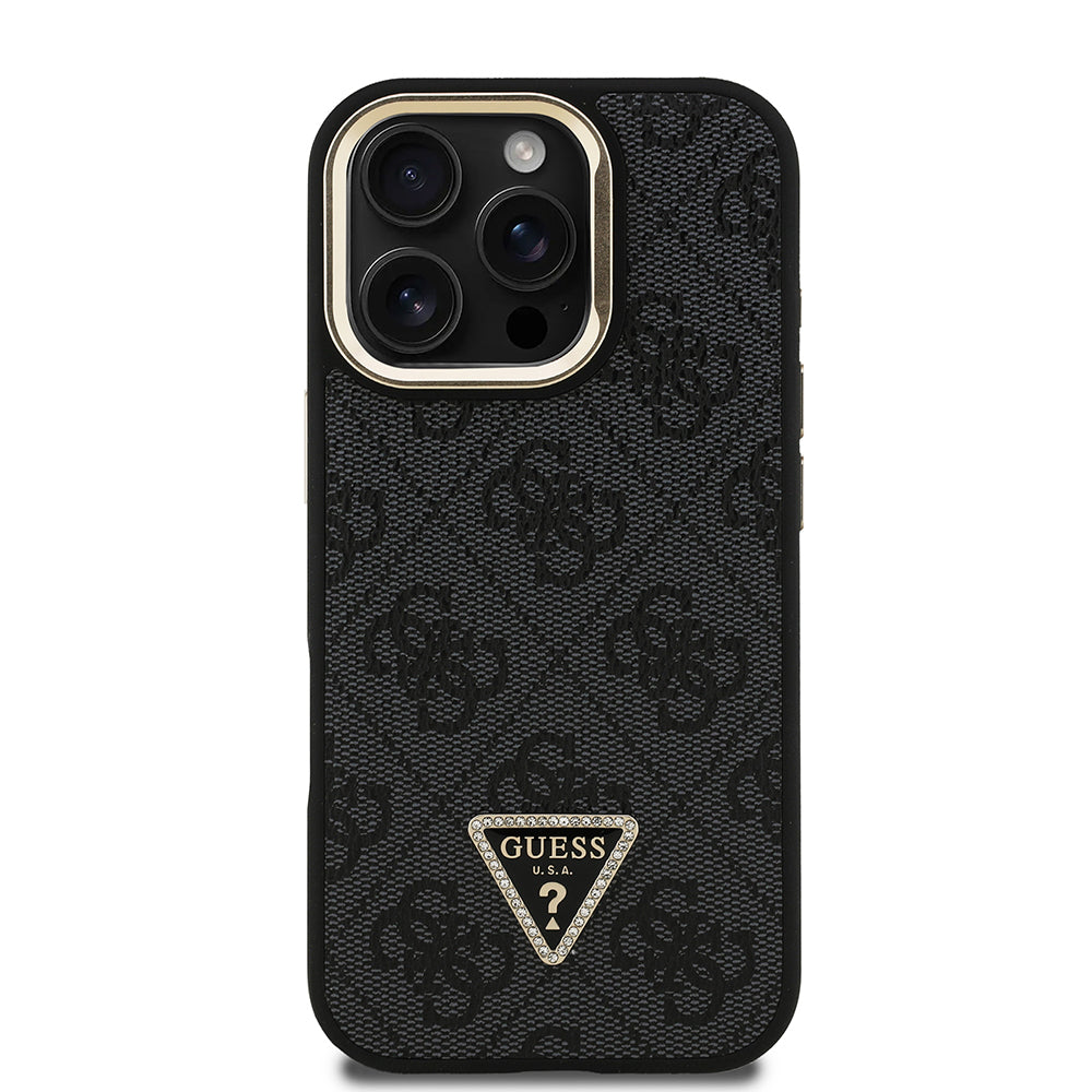 iPhone 16 Pro Max Kılıf Guess Orijinal Lisanslı PU Deri Taşlı Üçgen Logo 4G Desenli Kamera Standlı Kılıf