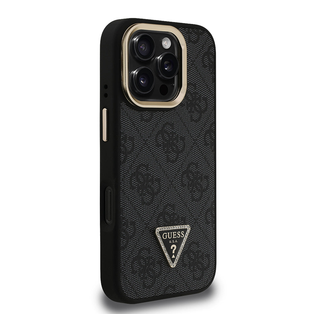 iPhone 16 Pro Max Kılıf Guess Orijinal Lisanslı PU Deri Taşlı Üçgen Logo 4G Desenli Kamera Standlı Kılıf