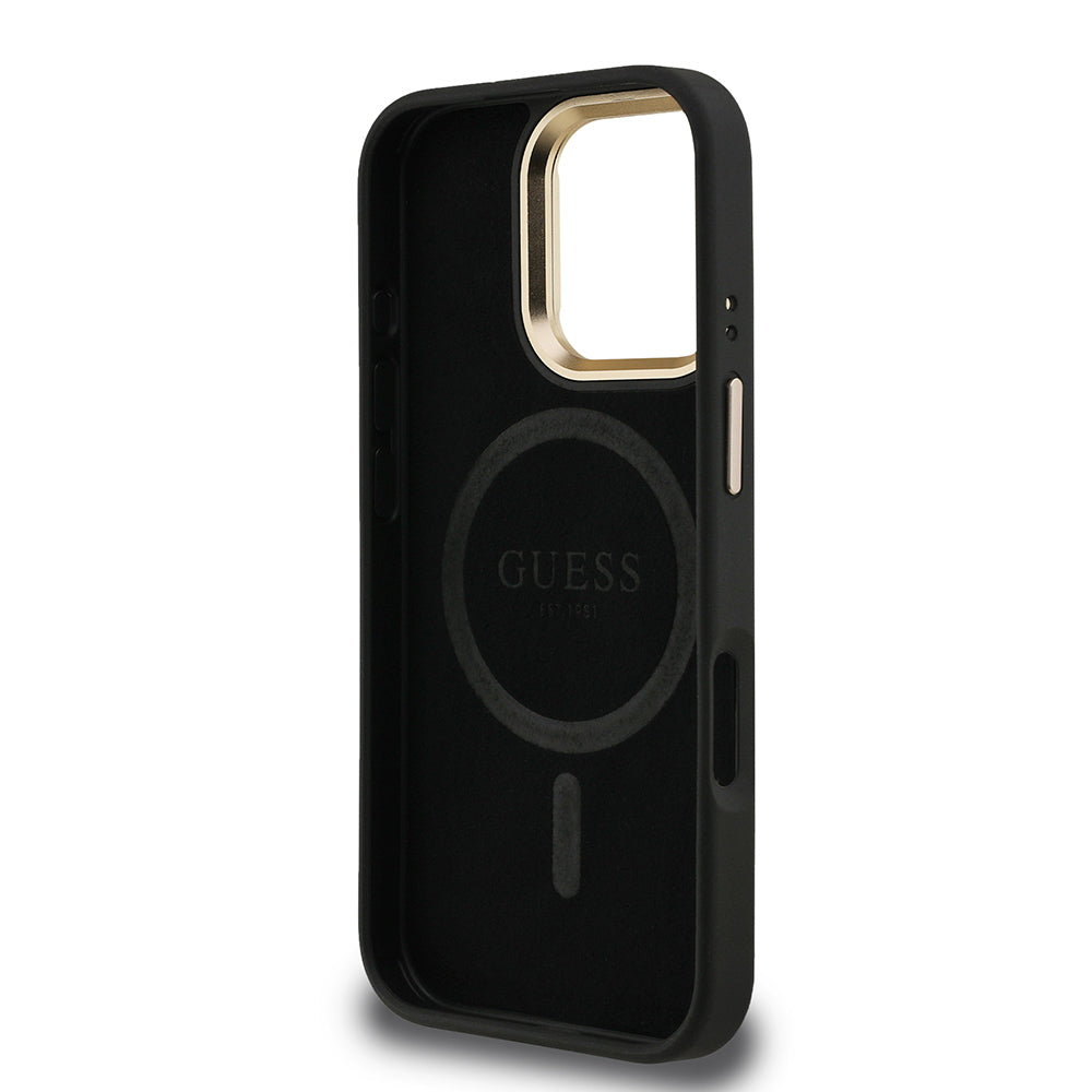 iPhone 16 Pro Max Kılıf Guess Orijinal Lisanslı PU Deri Taşlı Üçgen Logo 4G Desenli Kamera Standlı Kılıf