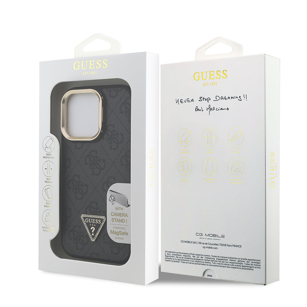 iPhone 16 Pro Max Kılıf Guess Orijinal Lisanslı PU Deri Taşlı Üçgen Logo 4G Desenli Kamera Standlı Kılıf