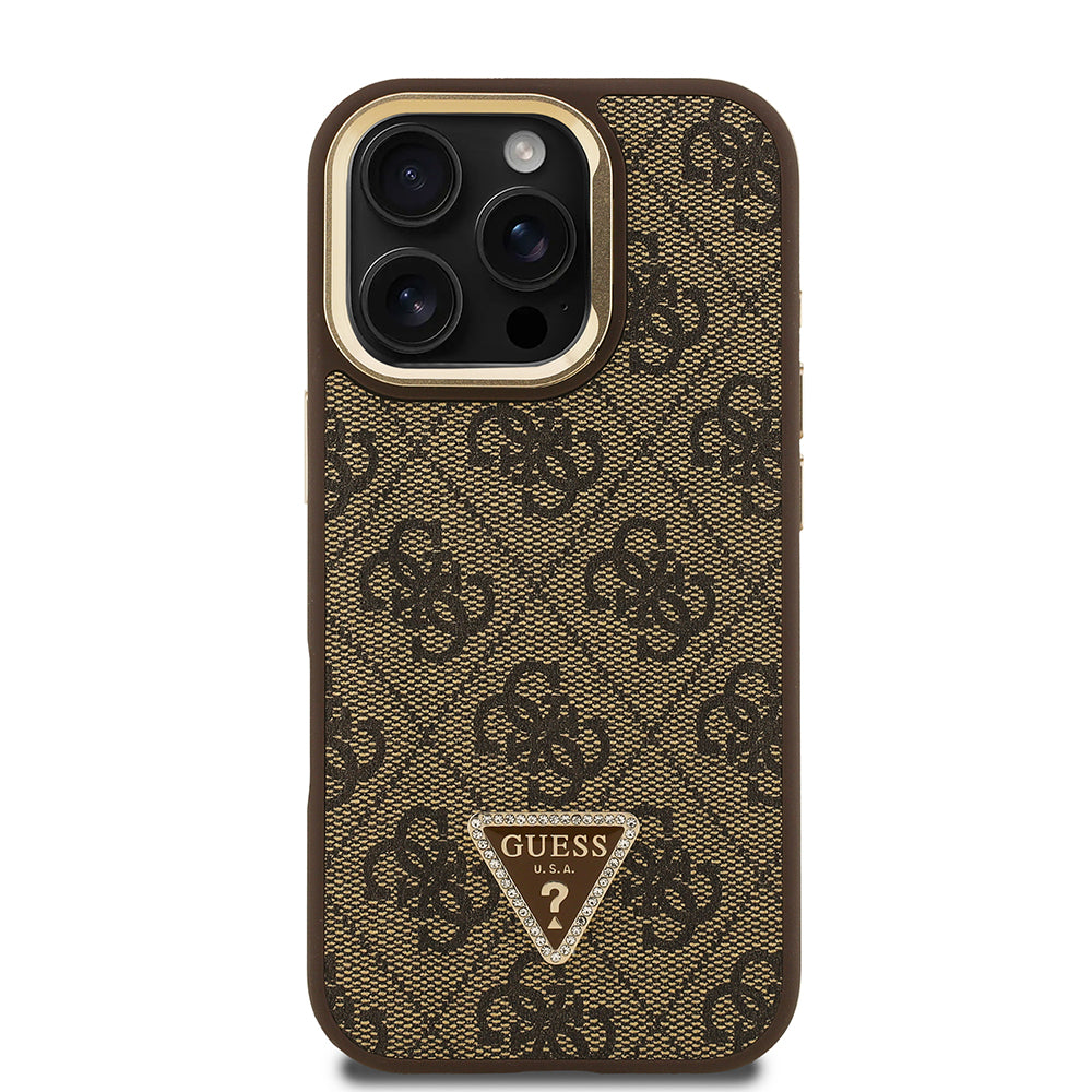 iPhone 16 Pro Max Kılıf Guess Orijinal Lisanslı PU Deri Taşlı Üçgen Logo 4G Desenli Kamera Standlı Kılıf