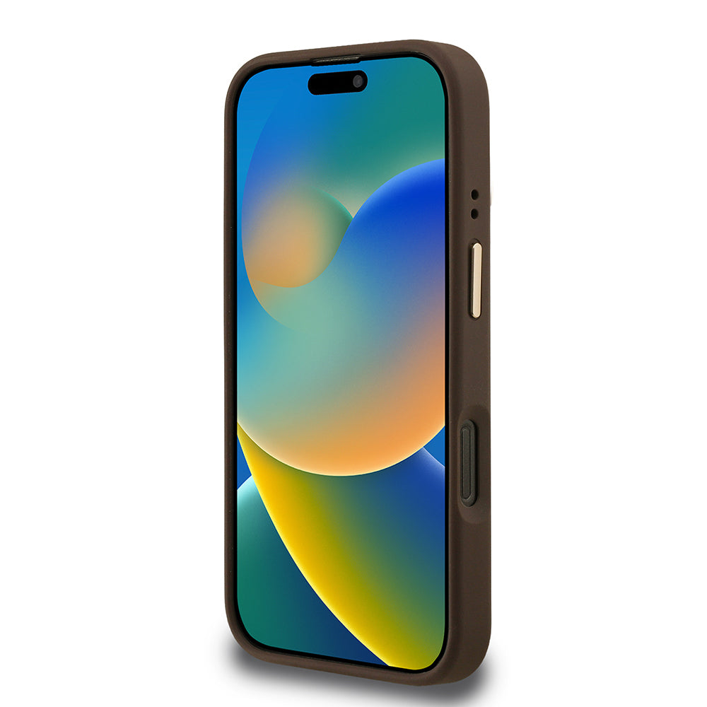 iPhone 16 Pro Max Kılıf Guess Orijinal Lisanslı PU Deri Taşlı Üçgen Logo 4G Desenli Kamera Standlı Kılıf