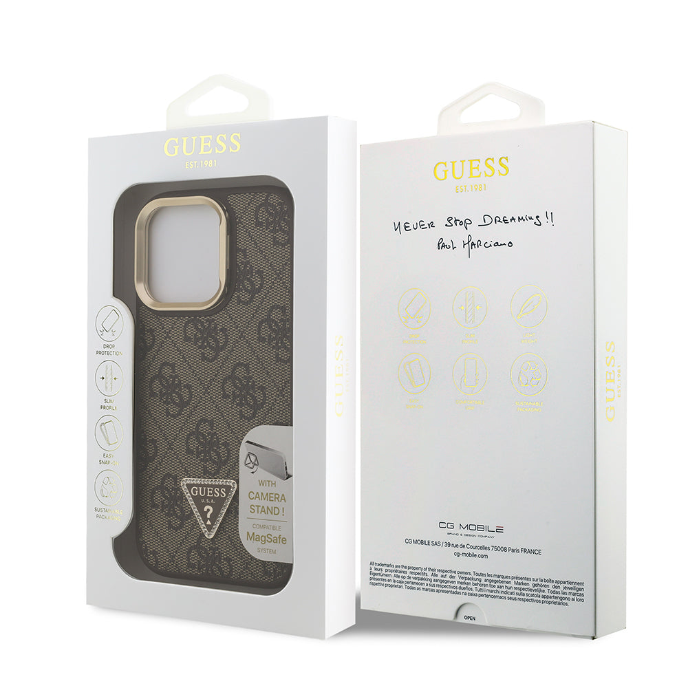 iPhone 16 Pro Max Kılıf Guess Orijinal Lisanslı PU Deri Taşlı Üçgen Logo 4G Desenli Kamera Standlı Kılıf