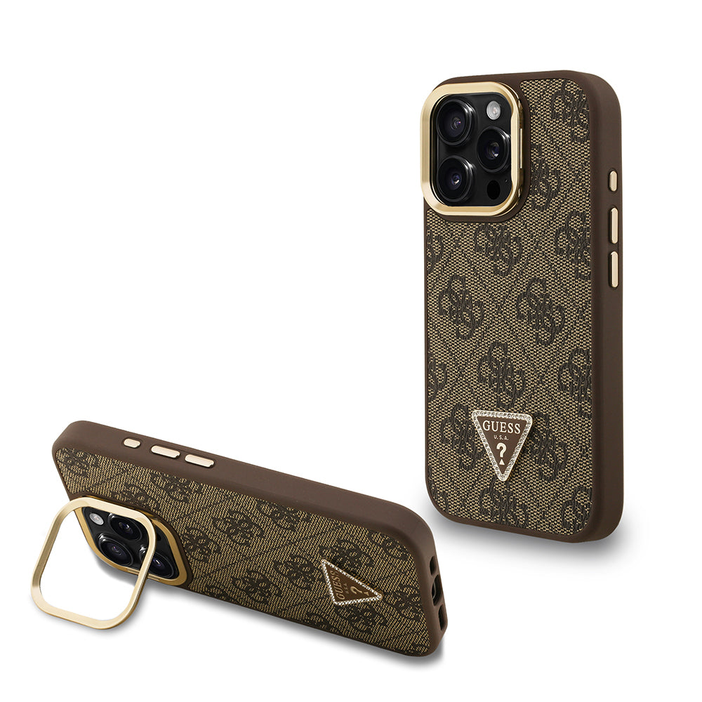 iPhone 16 Pro Max Kılıf Guess Orijinal Lisanslı PU Deri Taşlı Üçgen Logo 4G Desenli Kamera Standlı Kılıf