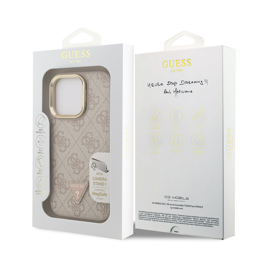 iPhone 16 Pro Max Kılıf Guess Orijinal Lisanslı PU Deri Taşlı Üçgen Logo 4G Desenli Kamera Standlı Kılıf