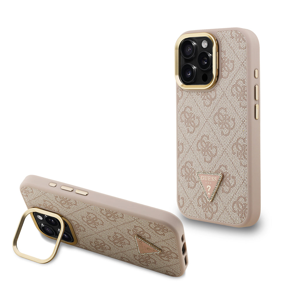 iPhone 16 Pro Max Kılıf Guess Orijinal Lisanslı PU Deri Taşlı Üçgen Logo 4G Desenli Kamera Standlı Kılıf