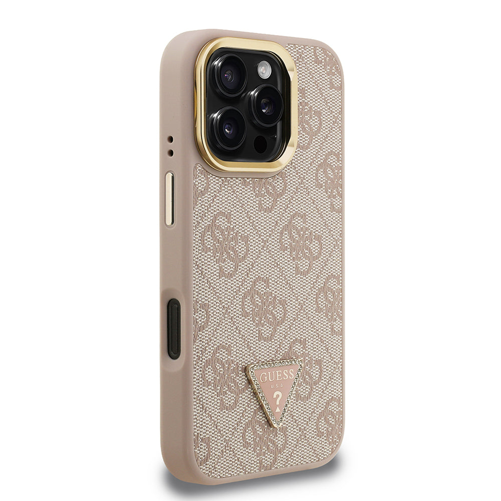 iPhone 16 Pro Max Kılıf Guess Orijinal Lisanslı PU Deri Taşlı Üçgen Logo 4G Desenli Kamera Standlı Kılıf
