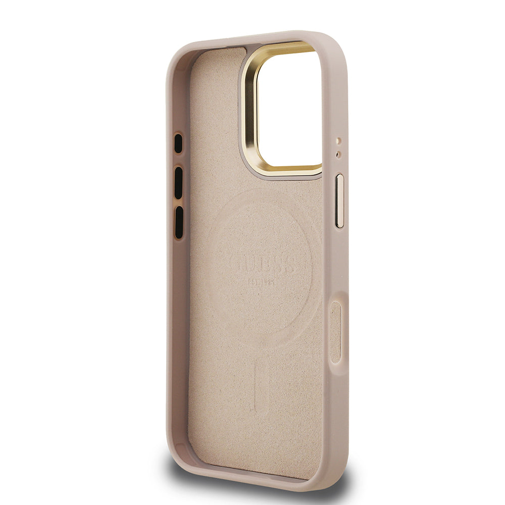 iPhone 16 Pro Max Kılıf Guess Orijinal Lisanslı PU Deri Taşlı Üçgen Logo 4G Desenli Kamera Standlı Kılıf