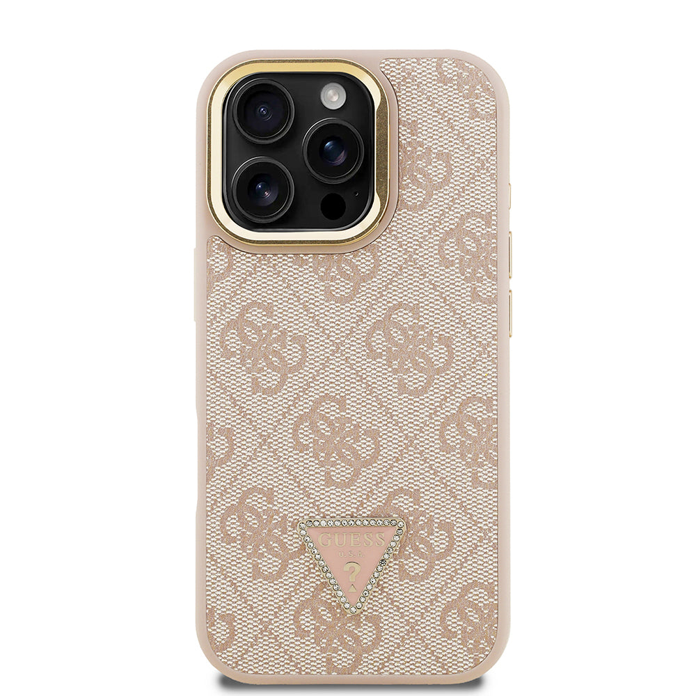 iPhone 16 Pro Max Kılıf Guess Orijinal Lisanslı PU Deri Taşlı Üçgen Logo 4G Desenli Kamera Standlı Kılıf