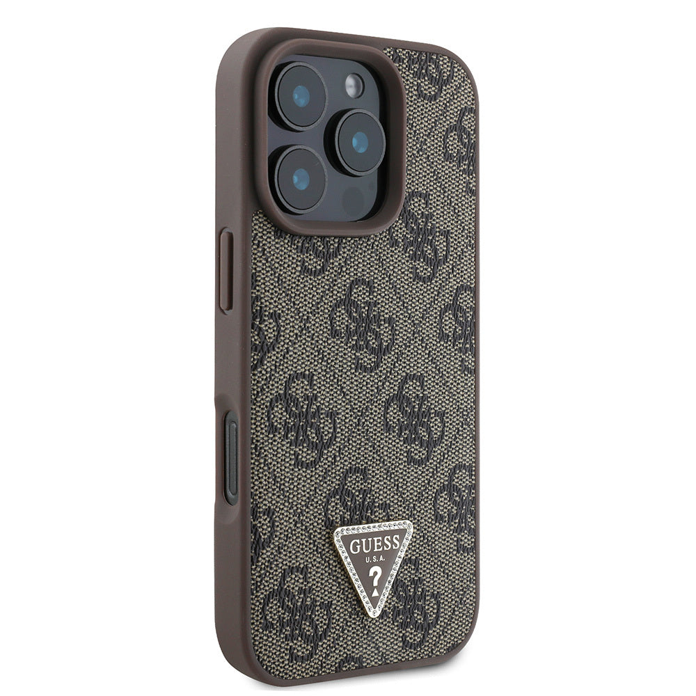 iPhone 16 Pro Max Kılıf Guess Orijinal Lisanslı PU Deri Taşlı Üçgen Logo 4G Desenli Strass Kılıf
