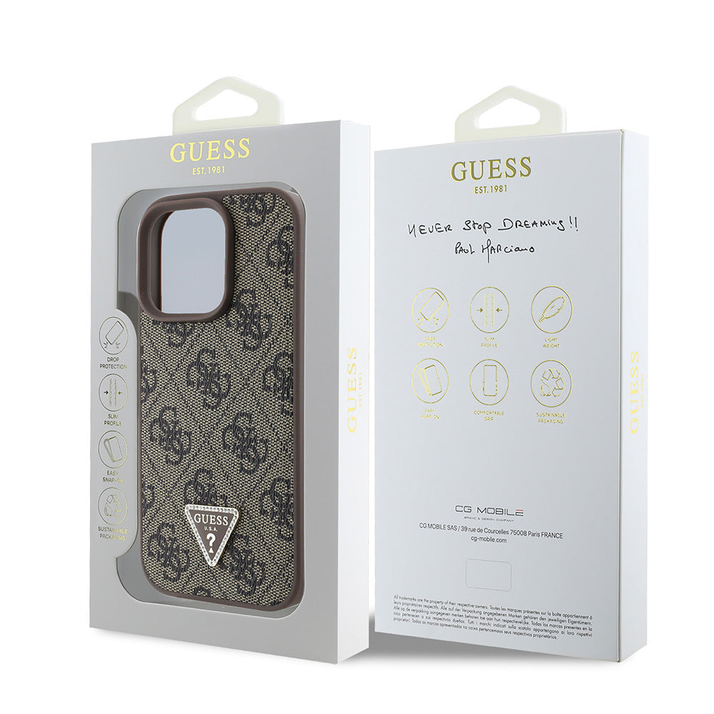 iPhone 16 Pro Max Kılıf Guess Orijinal Lisanslı PU Deri Taşlı Üçgen Logo 4G Desenli Strass Kılıf