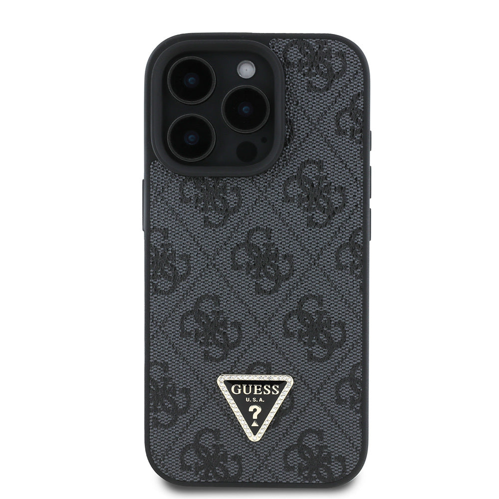 iPhone 16 Pro Max Kılıf Guess Orijinal Lisanslı PU Deri Taşlı Üçgen Logo 4G Desenli Strass Kılıf