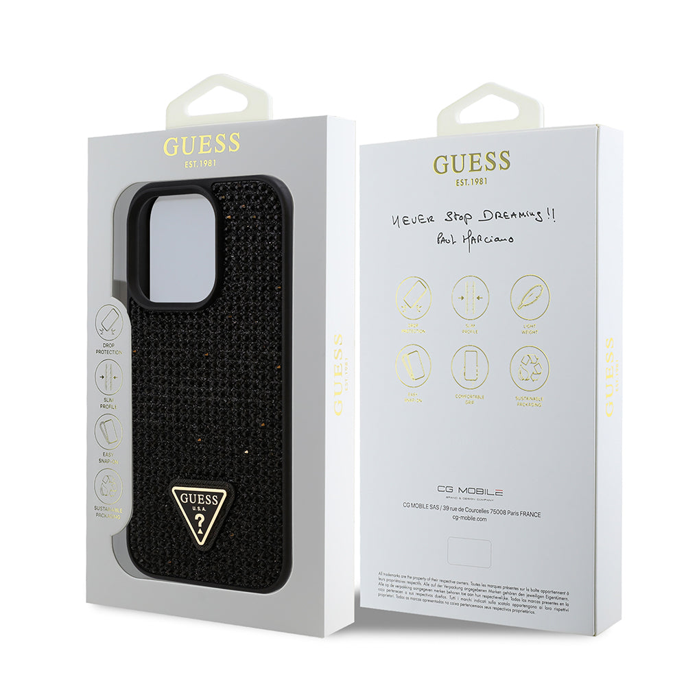 iPhone 16 Pro Max Kılıf Guess Orijinal Lisanslı Taşlı Arka Yüzey Üçgen Logolu Kılıf