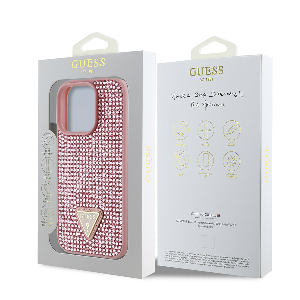 iPhone 16 Pro Max Kılıf Guess Orijinal Lisanslı Taşlı Arka Yüzey Üçgen Logolu Kılıf