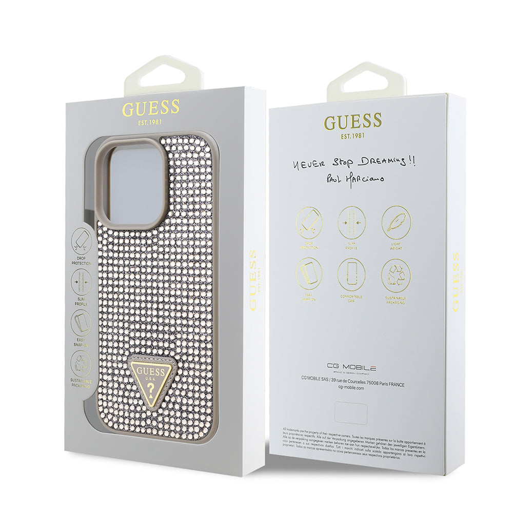 iPhone 16 Pro Max Kılıf Guess Orijinal Lisanslı Taşlı Arka Yüzey Üçgen Logolu Kılıf