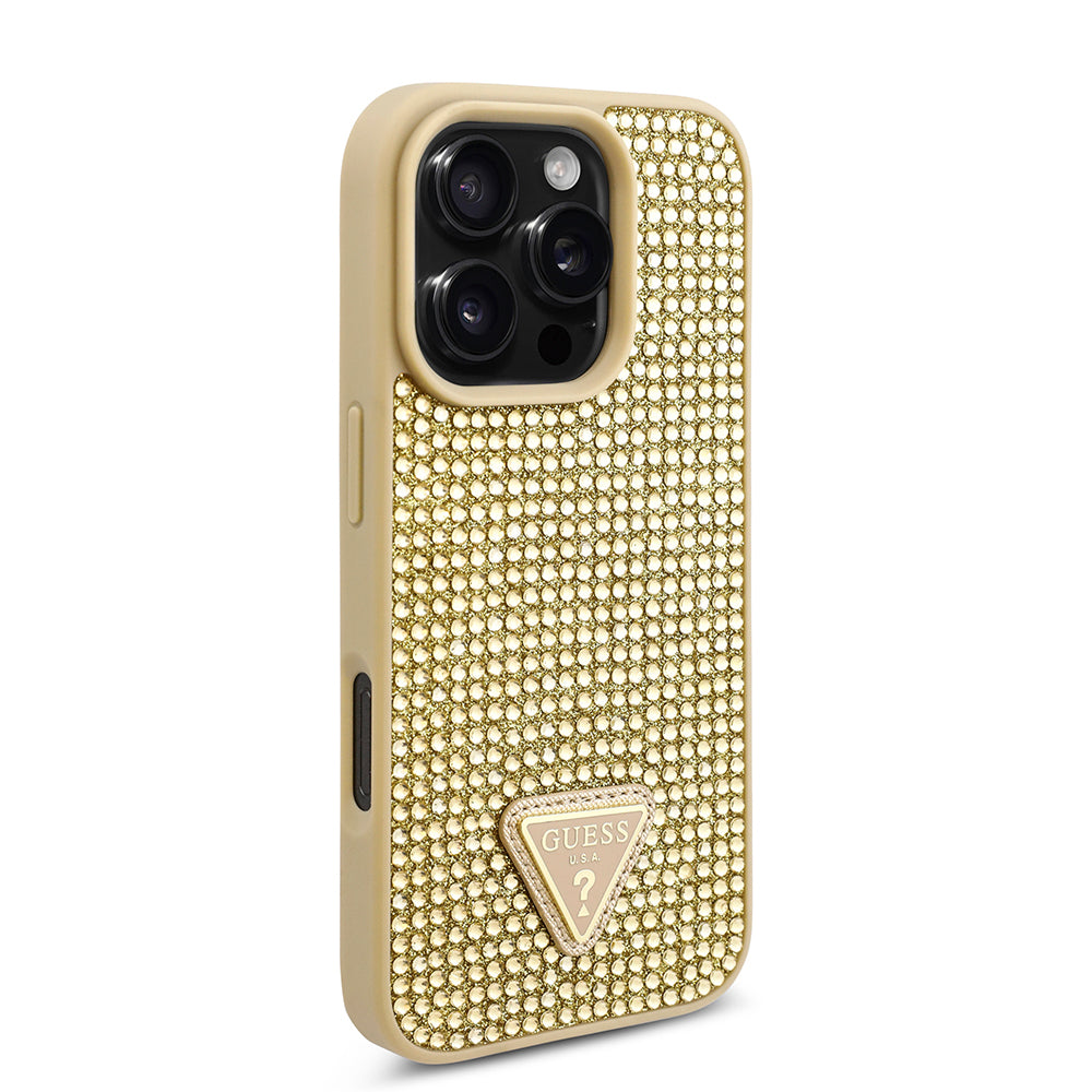 iPhone 16 Pro Max Kılıf Guess Orijinal Lisanslı Taşlı Arka Yüzey Üçgen Logolu Kılıf