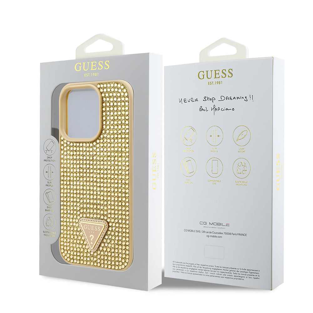 iPhone 16 Pro Max Kılıf Guess Orijinal Lisanslı Taşlı Arka Yüzey Üçgen Logolu Kılıf