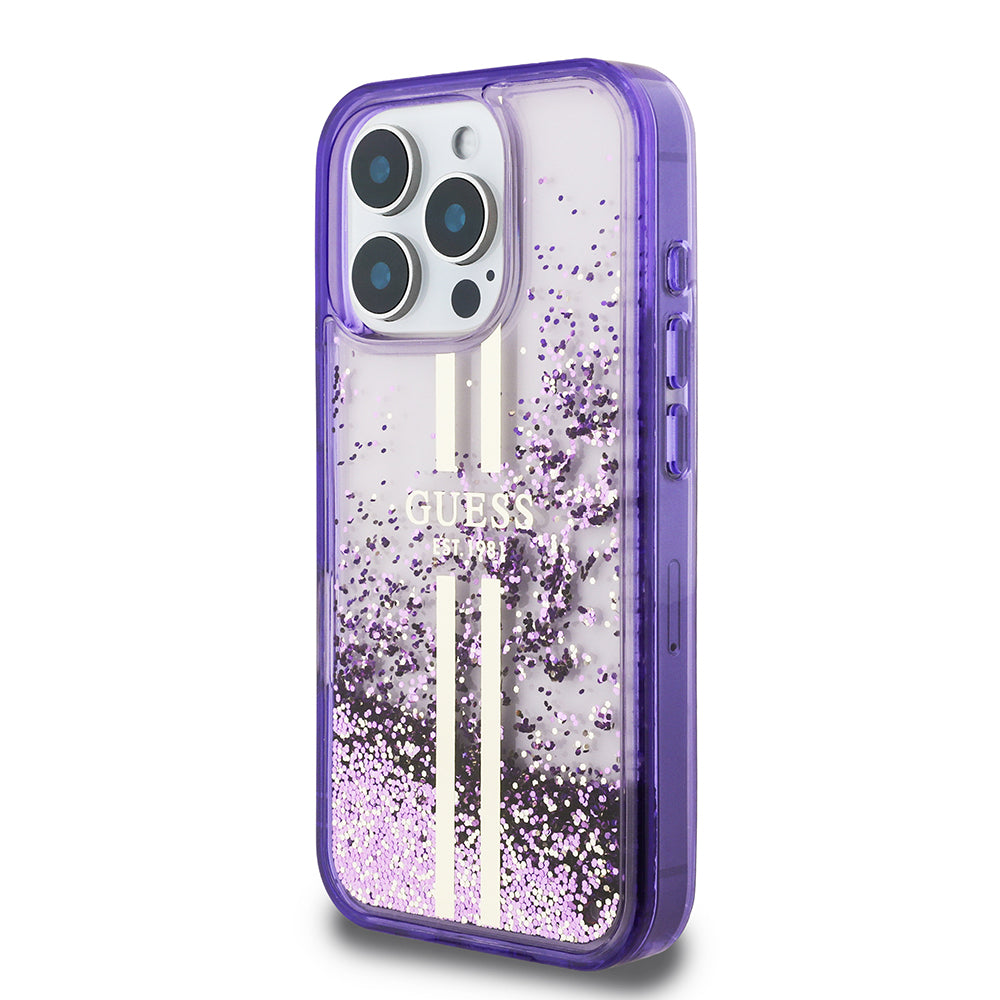 iPhone 16 Pro Max Kılıf Guess Orijinal Lisanslı Transparan Sıvılı Simli Altın Çizgili Kılıf