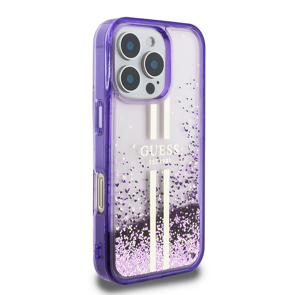 iPhone 16 Pro Max Kılıf Guess Orijinal Lisanslı Transparan Sıvılı Simli Altın Çizgili Kılıf