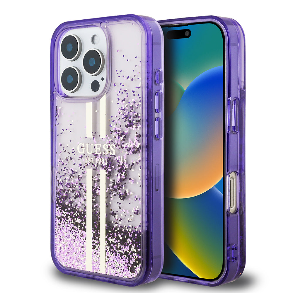 iPhone 16 Pro Max Kılıf Guess Orijinal Lisanslı Transparan Sıvılı Simli Altın Çizgili Kılıf