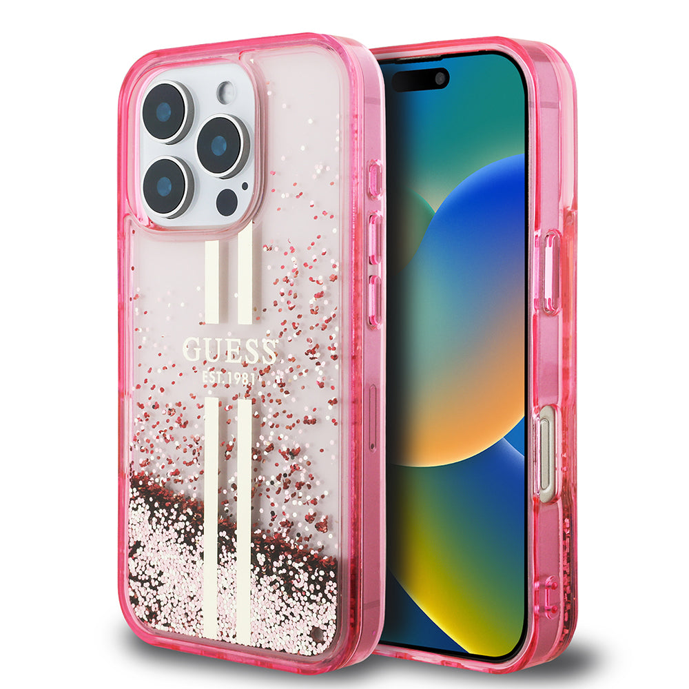 iPhone 16 Pro Max Kılıf Guess Orijinal Lisanslı Transparan Sıvılı Simli Altın Çizgili Kılıf