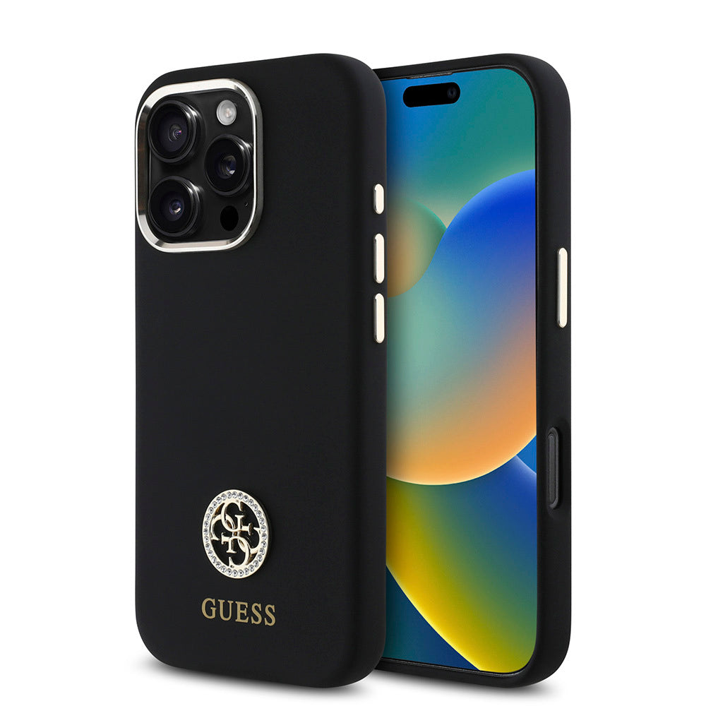 iPhone 16 Pro Max Kılıf Guess Orijinal Lisanslı Yazı ve Taşlı 4G Logolu Metal Kamera Çerçeveli Silikon Kılıf