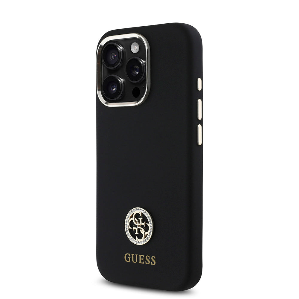 iPhone 16 Pro Max Kılıf Guess Orijinal Lisanslı Yazı ve Taşlı 4G Logolu Metal Kamera Çerçeveli Silikon Kılıf