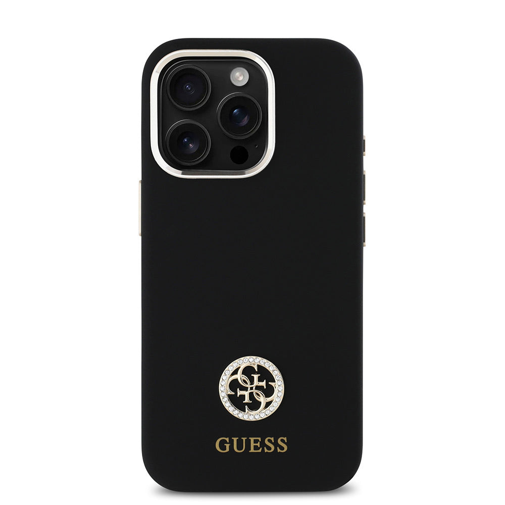 iPhone 16 Pro Max Kılıf Guess Orijinal Lisanslı Yazı ve Taşlı 4G Logolu Metal Kamera Çerçeveli Silikon Kılıf