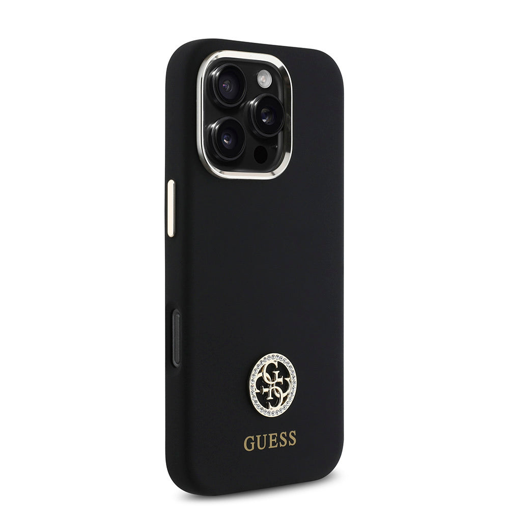 iPhone 16 Pro Max Kılıf Guess Orijinal Lisanslı Yazı ve Taşlı 4G Logolu Metal Kamera Çerçeveli Silikon Kılıf