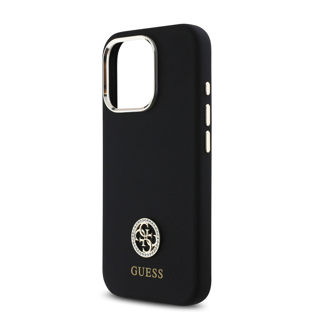 iPhone 16 Pro Max Kılıf Guess Orijinal Lisanslı Yazı ve Taşlı 4G Logolu Metal Kamera Çerçeveli Silikon Kılıf