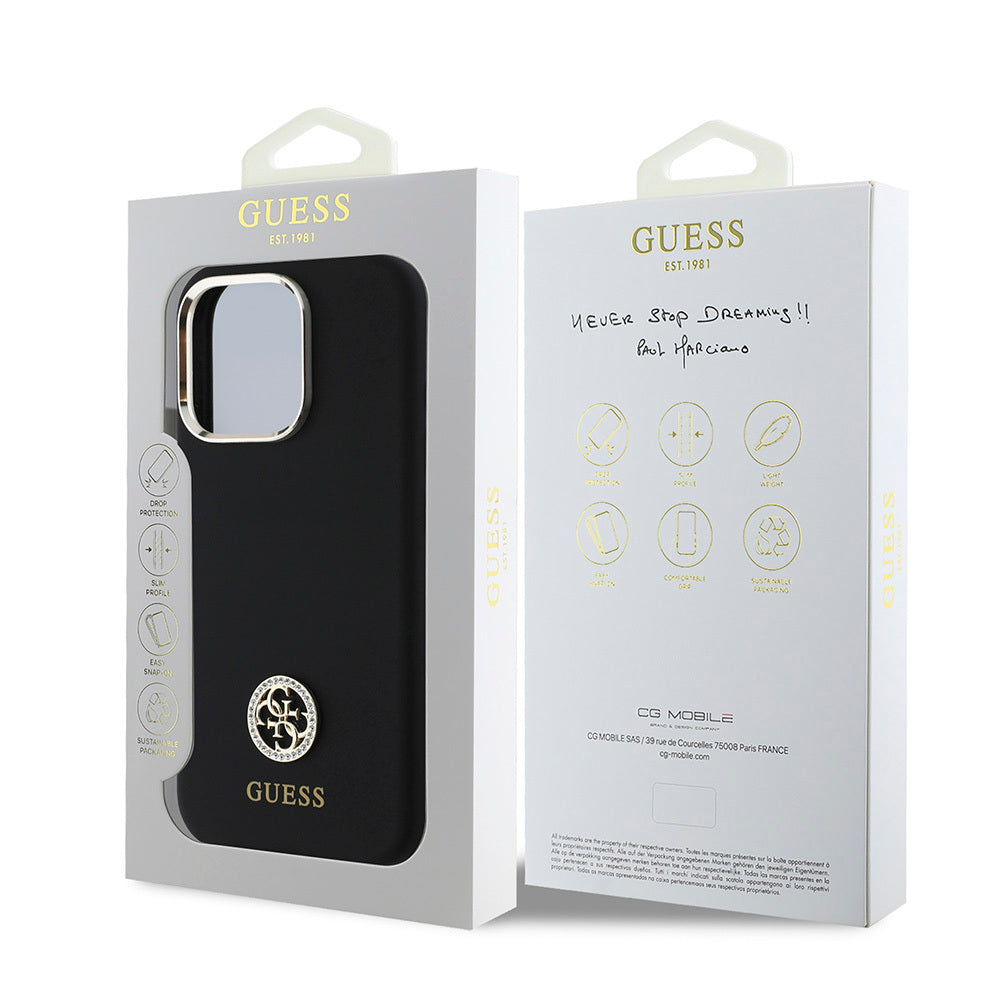 iPhone 16 Pro Max Kılıf Guess Orijinal Lisanslı Yazı ve Taşlı 4G Logolu Metal Kamera Çerçeveli Silikon Kılıf