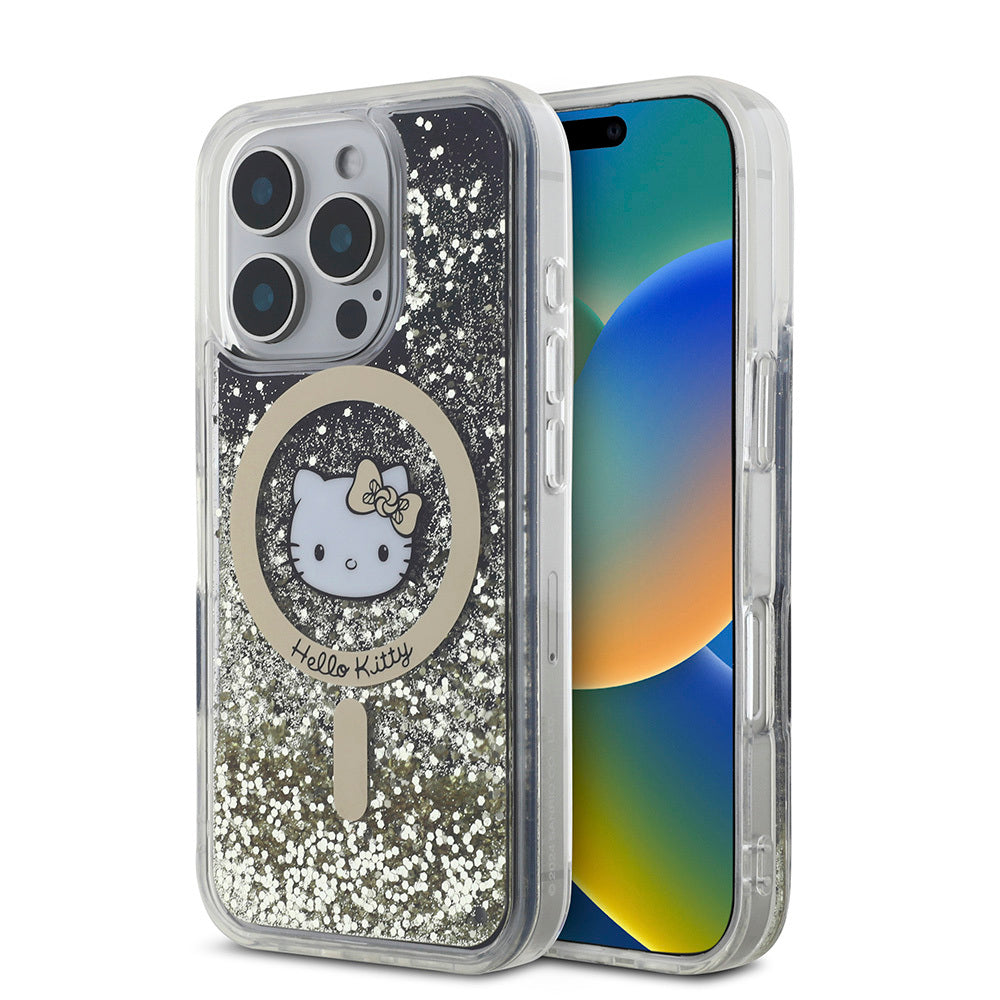 iPhone 16 Pro Max Kılıf Hello Kitty Orijinal Lisanslı M-safe Şarj Özellikli IML Baskı Kitty Head Logolu Sıvılı Simli Altın Ateşi Kılıf