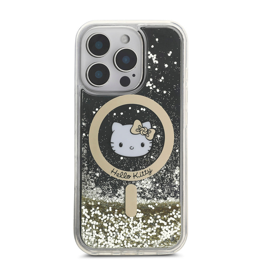 iPhone 16 Pro Max Kılıf Hello Kitty Orijinal Lisanslı M-safe Şarj Özellikli IML Baskı Kitty Head Logolu Sıvılı Simli Altın Ateşi Kılıf
