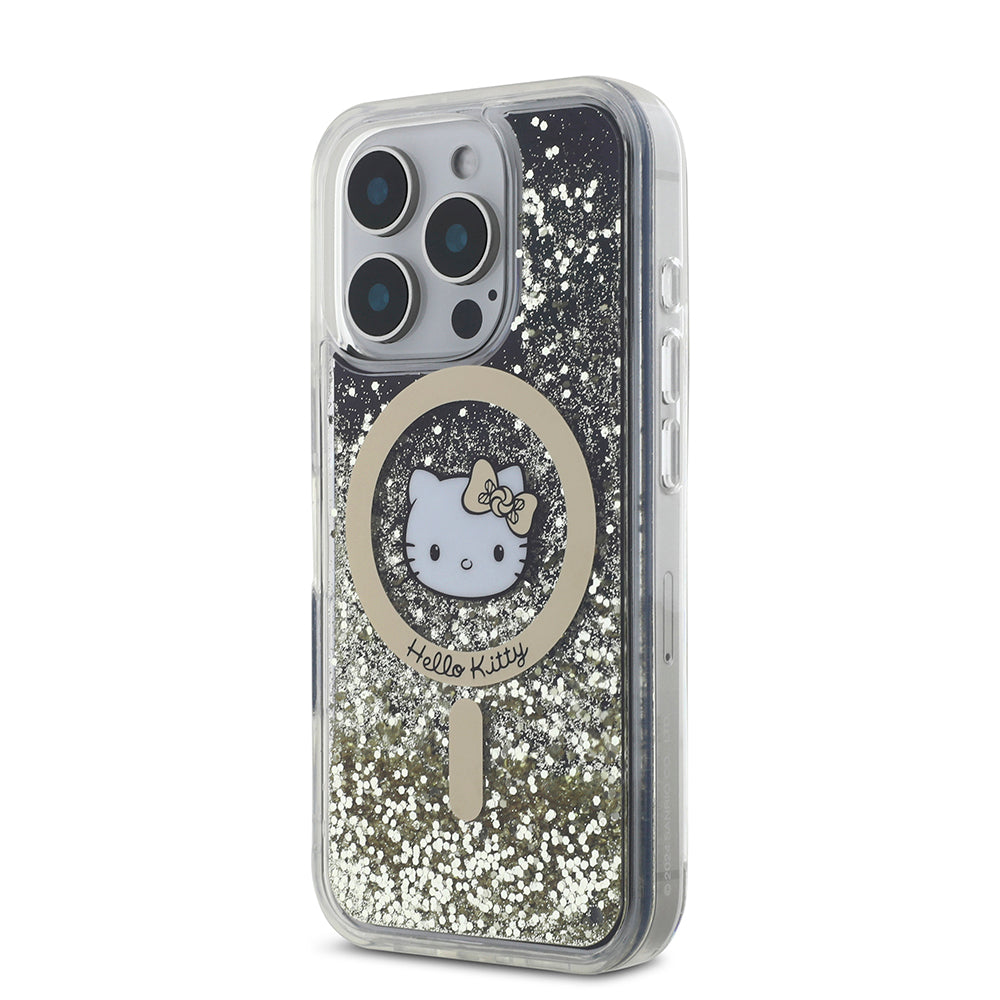 iPhone 16 Pro Max Kılıf Hello Kitty Orijinal Lisanslı M-safe Şarj Özellikli IML Baskı Kitty Head Logolu Sıvılı Simli Altın Ateşi Kılıf