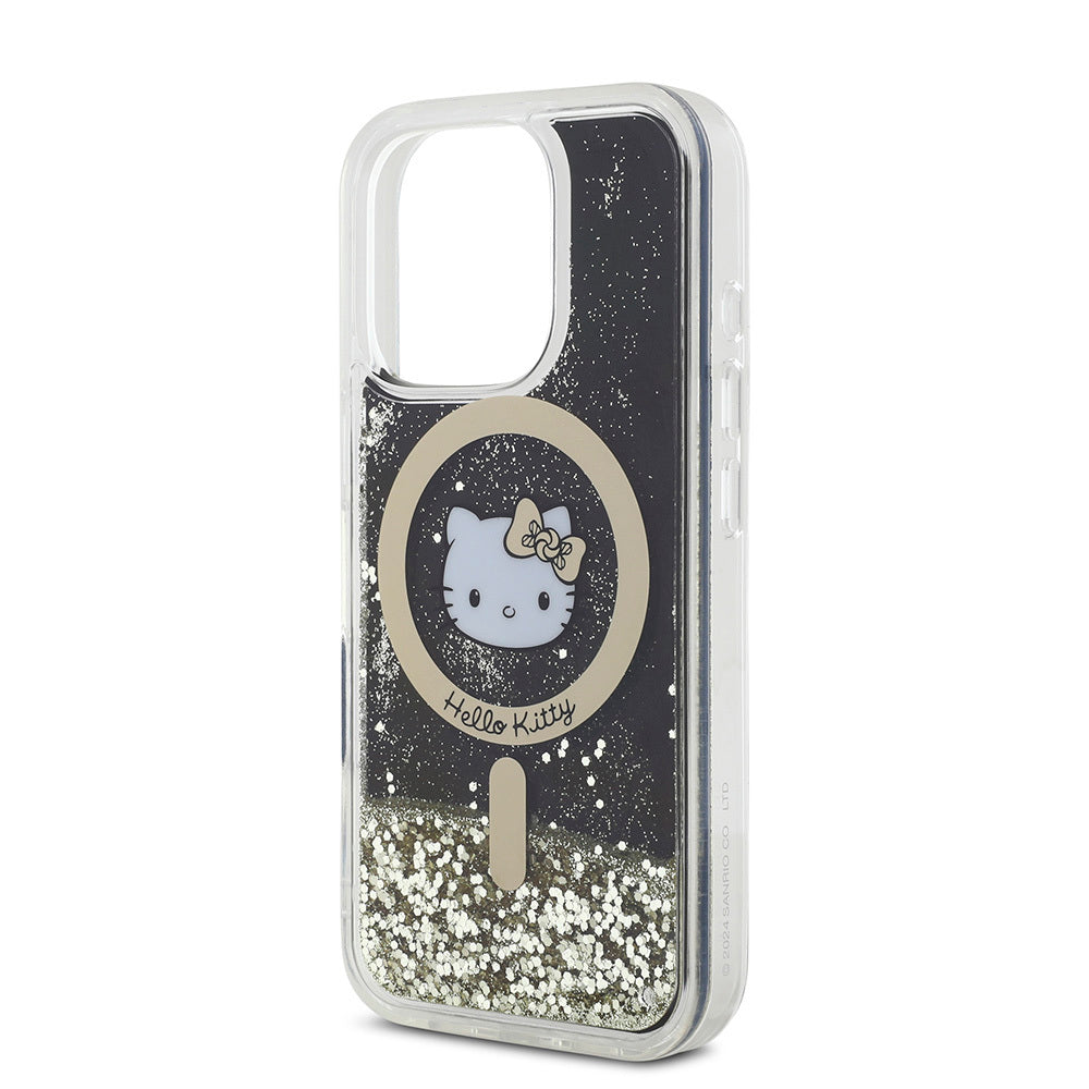 iPhone 16 Pro Max Kılıf Hello Kitty Orijinal Lisanslı M-safe Şarj Özellikli IML Baskı Kitty Head Logolu Sıvılı Simli Altın Ateşi Kılıf
