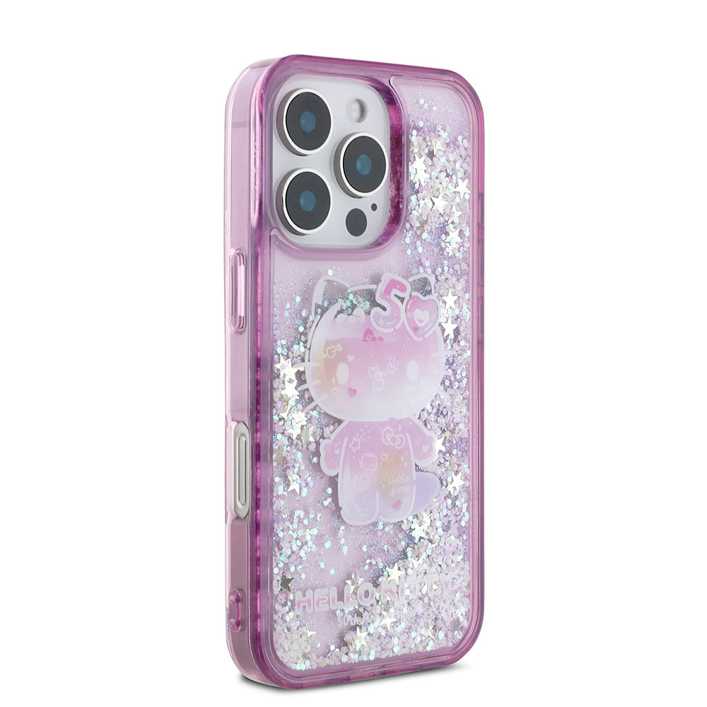 iPhone 16 Pro Max Kılıf Hello Kitty Orijinal Lisanslı Sıvılı Simli 50. Yıldönümü Partisi Kılıf