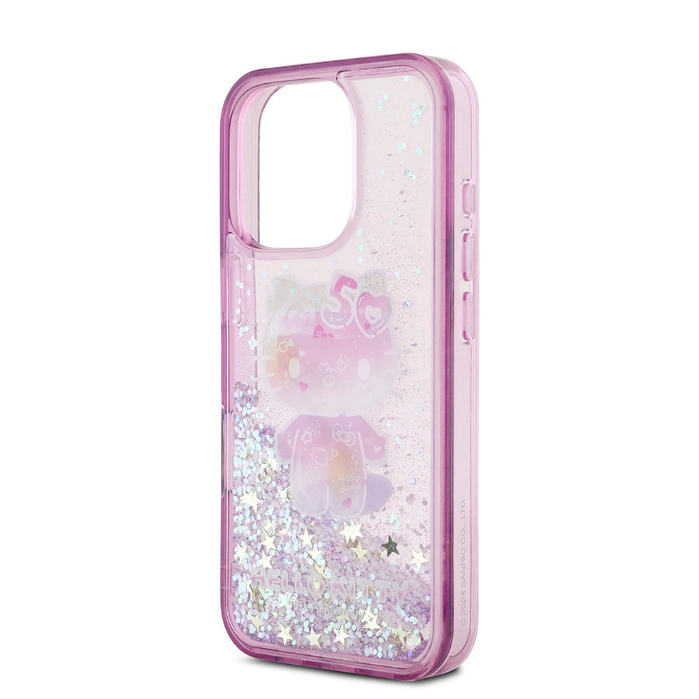 iPhone 16 Pro Max Kılıf Hello Kitty Orijinal Lisanslı Sıvılı Simli 50. Yıldönümü Partisi Kılıf