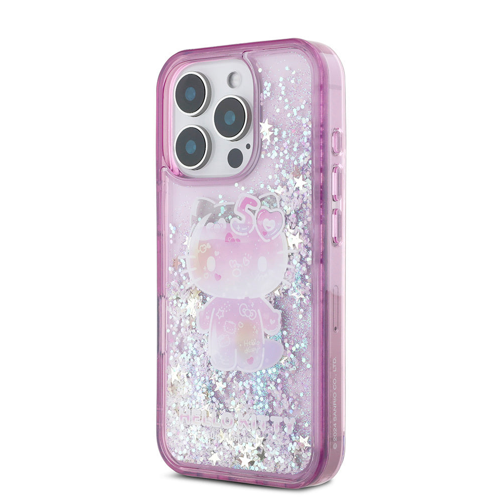 iPhone 16 Pro Max Kılıf Hello Kitty Orijinal Lisanslı Sıvılı Simli 50. Yıldönümü Partisi Kılıf