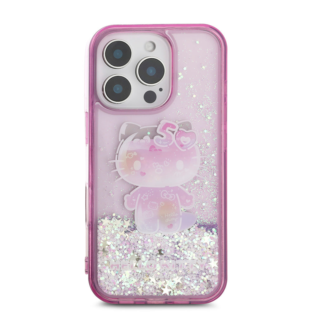 iPhone 16 Pro Max Kılıf Hello Kitty Orijinal Lisanslı Sıvılı Simli 50. Yıldönümü Partisi Kılıf