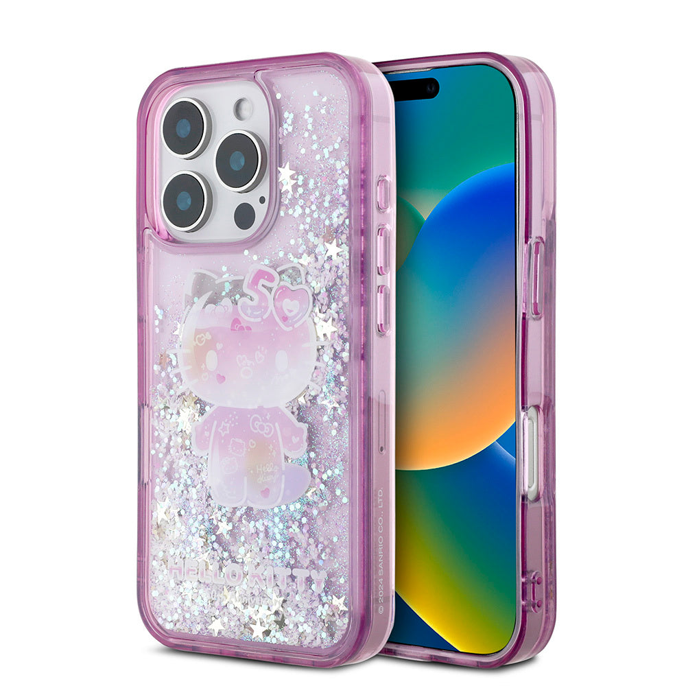 iPhone 16 Pro Max Kılıf Hello Kitty Orijinal Lisanslı Sıvılı Simli 50. Yıldönümü Partisi Kılıf