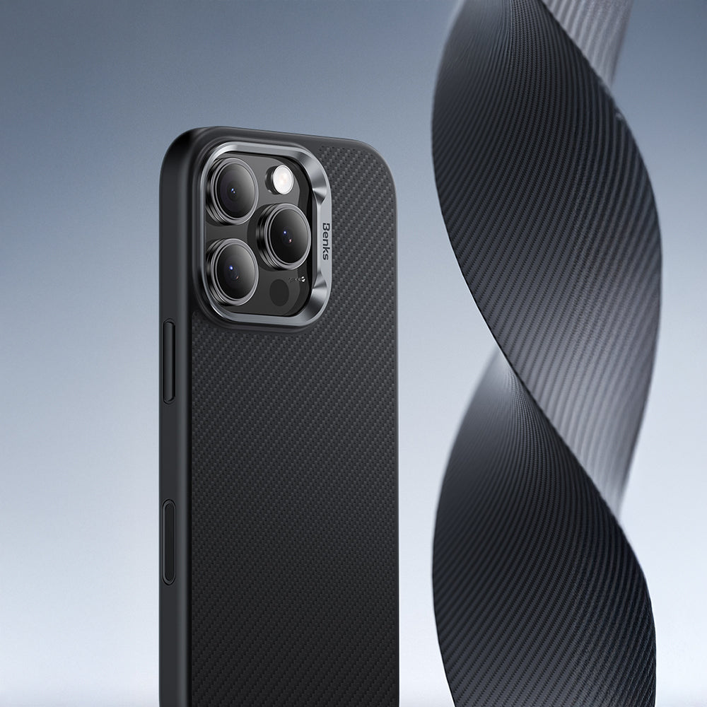 iPhone 16 Pro Max Kılıf Karbon Fiber M-safe Şarj Özellikli Kamera Kontrol Butonlu Benks Hybrid ArmorPro 600D Kevlar Kılıf